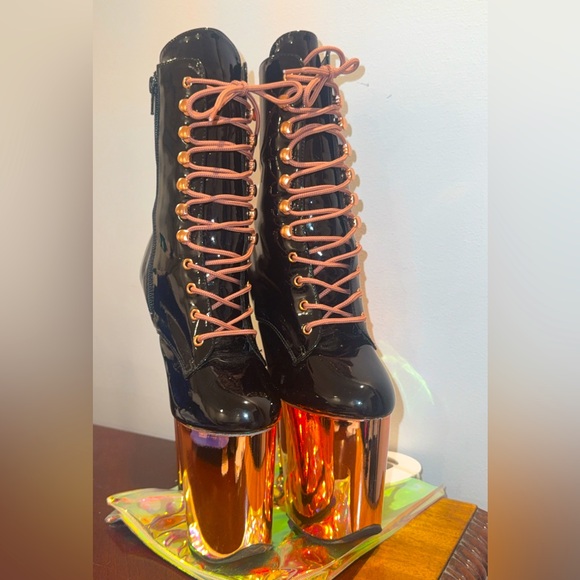 Pleaser Flamingo black Patent Platform Boots lace up sz. 6 Rose Gold 8” stiletto - Picture 7 of 12
